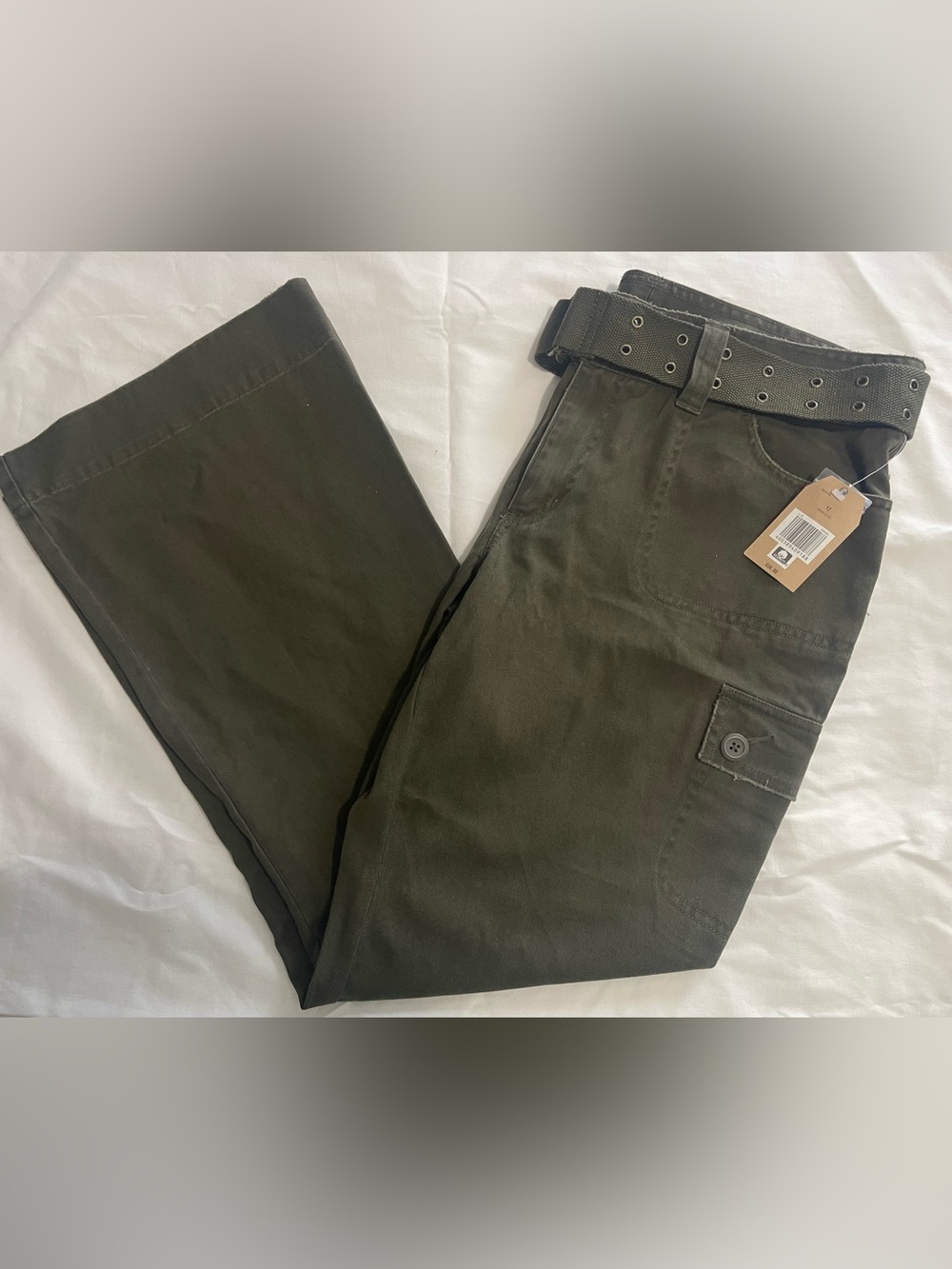 Flared Utility Jeans in Olive Green with Belt, NWT